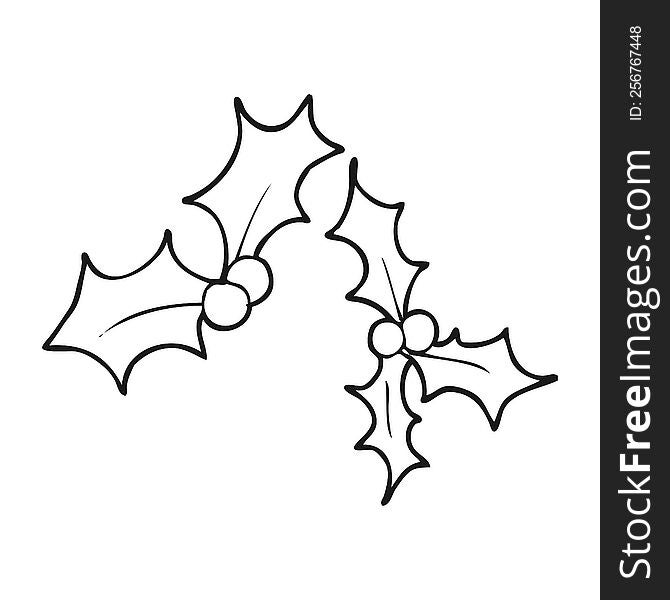 freehand drawn black and white cartoon christmas holly