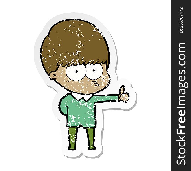 Distressed Sticker Of A Curious Cartoon Boy Giving Thumbs Up Sign