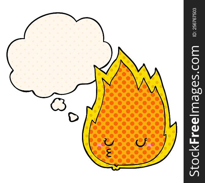 cute cartoon fire with thought bubble in comic book style