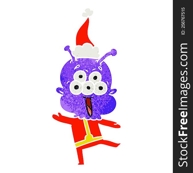 happy hand drawn retro cartoon of a alien dancing wearing santa hat. happy hand drawn retro cartoon of a alien dancing wearing santa hat