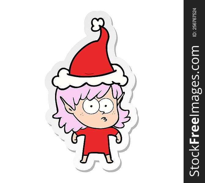 hand drawn sticker cartoon of a elf girl staring wearing santa hat