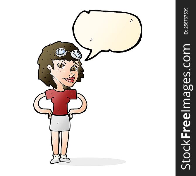 Cartoon Retro Pilot Woman With Speech Bubble