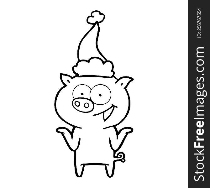 Line Drawing Of A Pig With No Worries Wearing Santa Hat