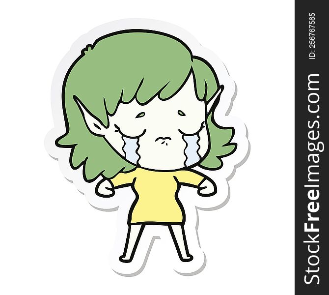 Sticker Of A Cartoon Crying Elf Girl
