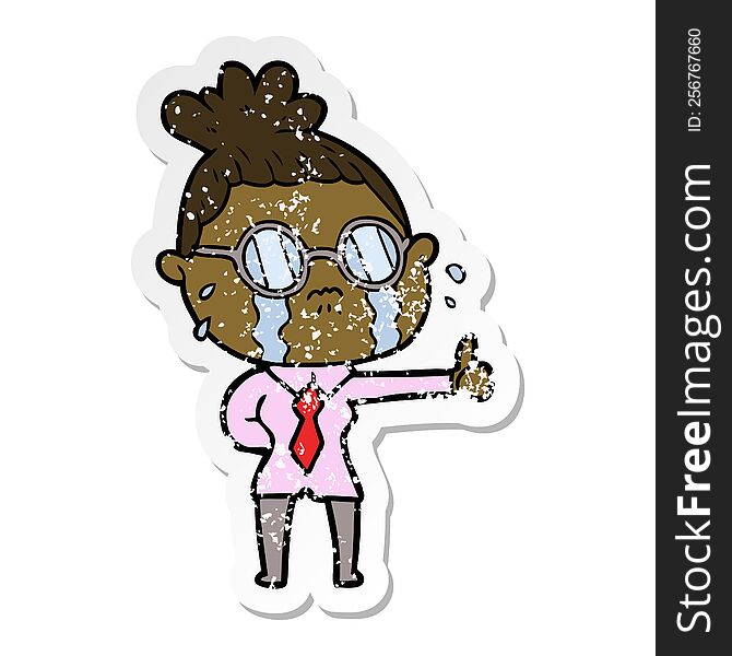 distressed sticker of a cartoon crying woman wearing spectacles