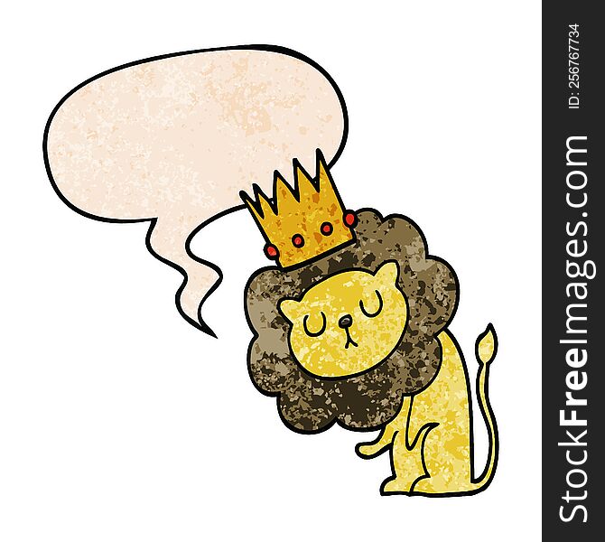 cartoon lion with crown with speech bubble in retro texture style. cartoon lion with crown with speech bubble in retro texture style