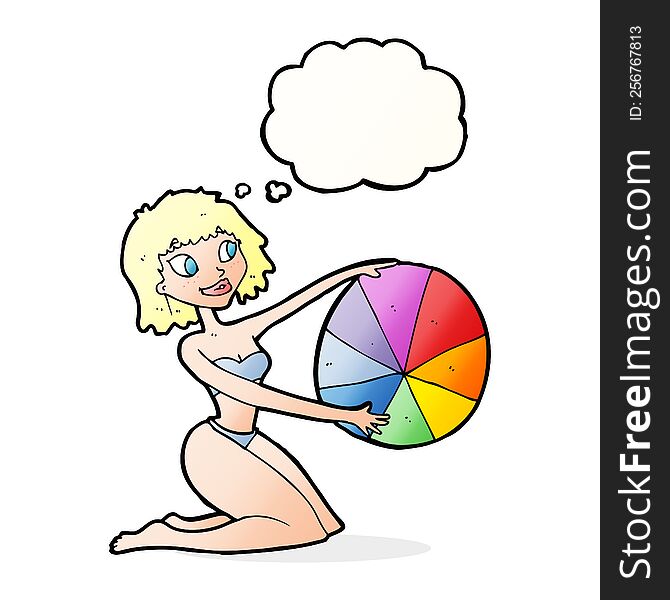 cartoon bikini girl with beach ball with thought bubble