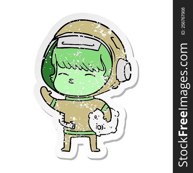 distressed sticker of a cartoon curious astronaut carrying space rock