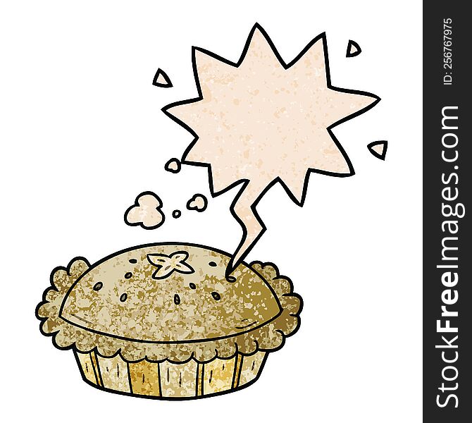 hot cartoon pie fresh out of the oven with speech bubble in retro texture style