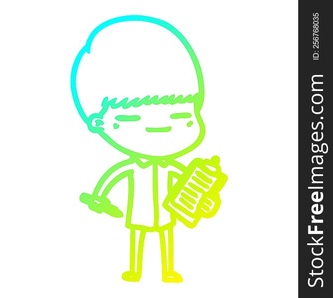 Cold Gradient Line Drawing Cartoon Smug Boy With Clip Board