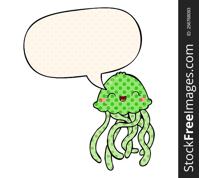 cute cartoon jellyfish with speech bubble in comic book style