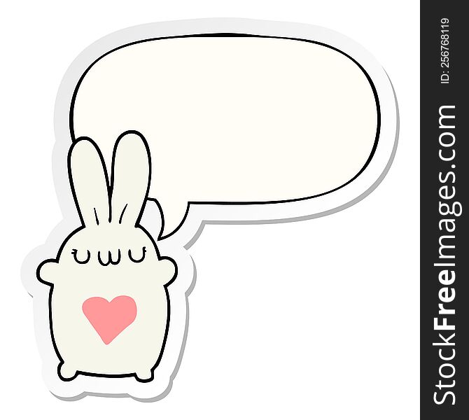 cute cartoon rabbit with love heart with speech bubble sticker. cute cartoon rabbit with love heart with speech bubble sticker