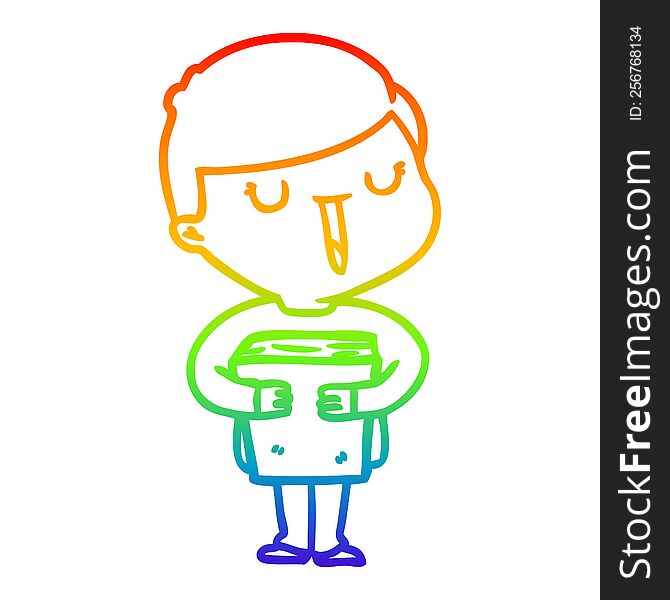 rainbow gradient line drawing of a cartoon happy boy talking about his book