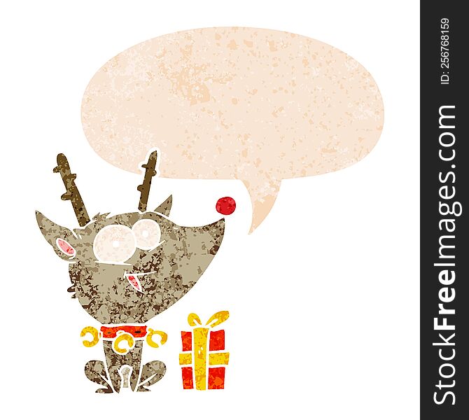 cartoon christmas reindeer with speech bubble in grunge distressed retro textured style. cartoon christmas reindeer with speech bubble in grunge distressed retro textured style