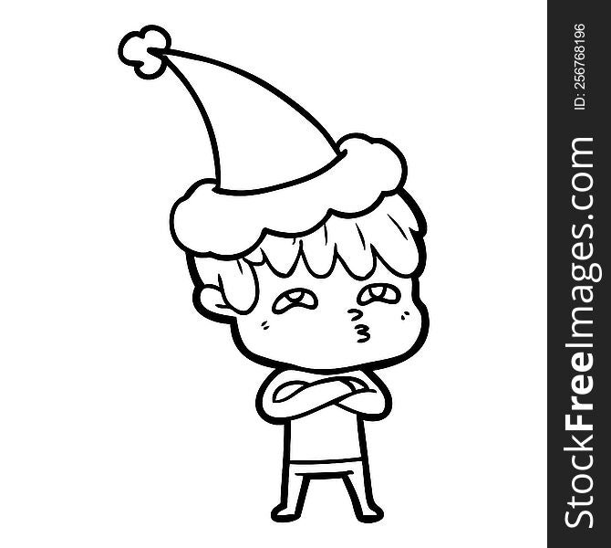 Line Drawing Of A Curious Man Wearing Santa Hat