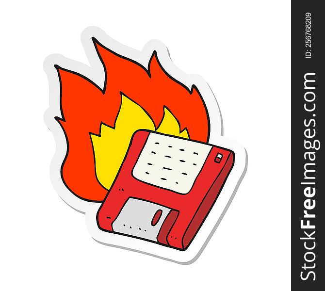 Sticker Of A Cartoon Old Computer Disk Burning