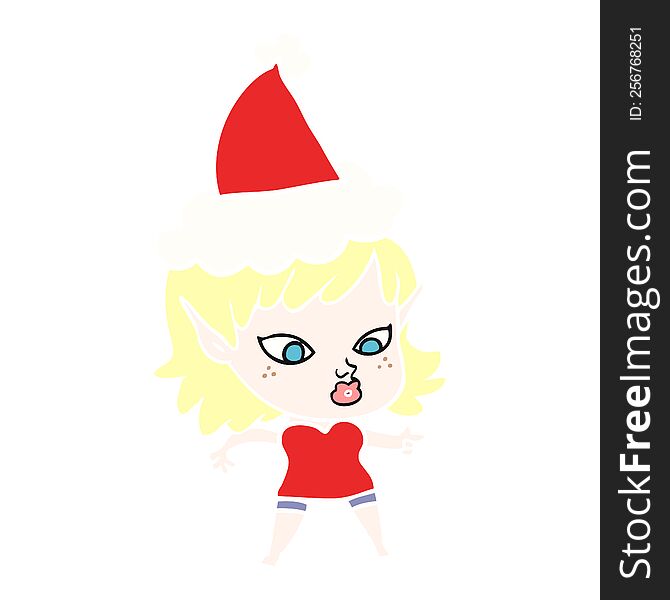 pretty hand drawn flat color illustration of a elf girl wearing santa hat. pretty hand drawn flat color illustration of a elf girl wearing santa hat