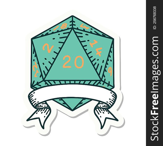 sticker of a natural 20 critical hit D20 dice roll. sticker of a natural 20 critical hit D20 dice roll