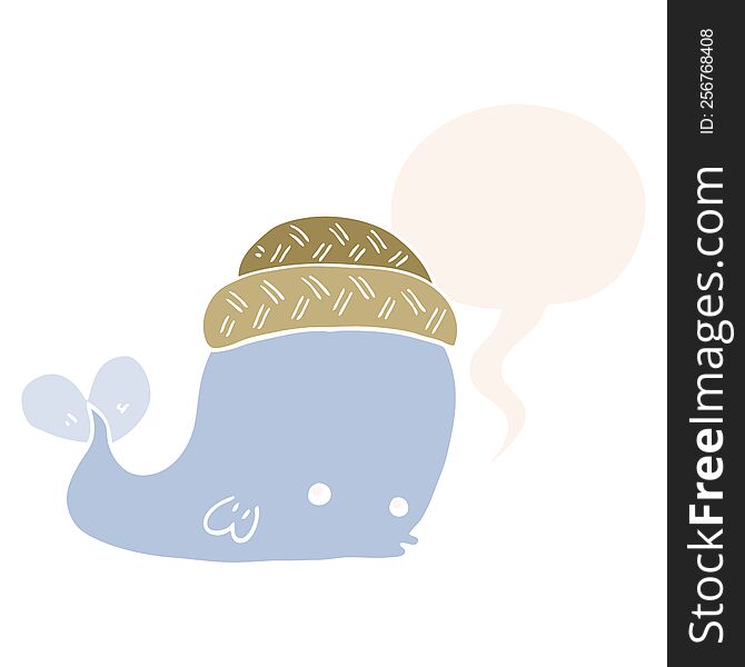 Cartoon Whale Wearing Hat And Speech Bubble In Retro Style