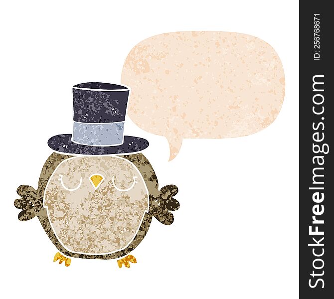 Cartoon Owl Wearing Top Hat And Speech Bubble In Retro Textured Style