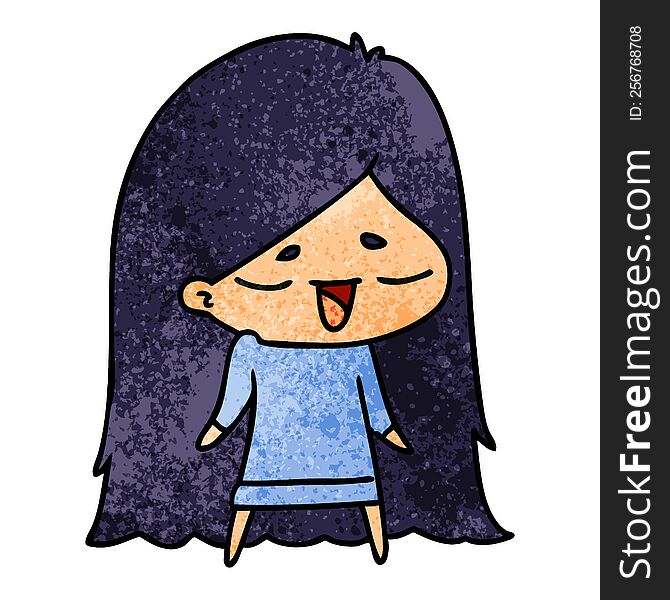 freehand drawn textured cartoon of cute kawaii long haired girl