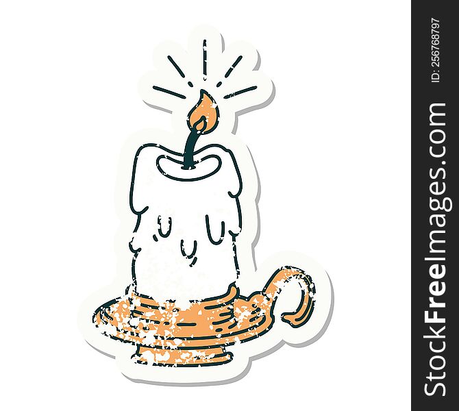 worn old sticker of a tattoo style spooky melting candle. worn old sticker of a tattoo style spooky melting candle