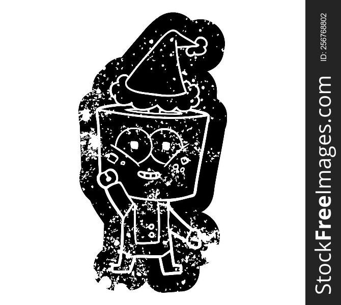 Happy Cartoon Distressed Icon Of A Robot Waving Hello Wearing Santa Hat