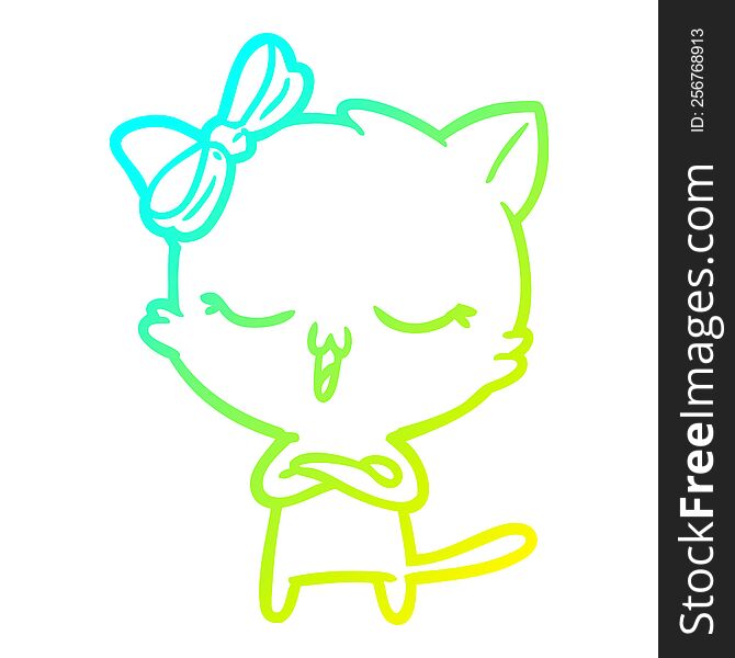 Cold Gradient Line Drawing Cartoon Cat With Bow On Head