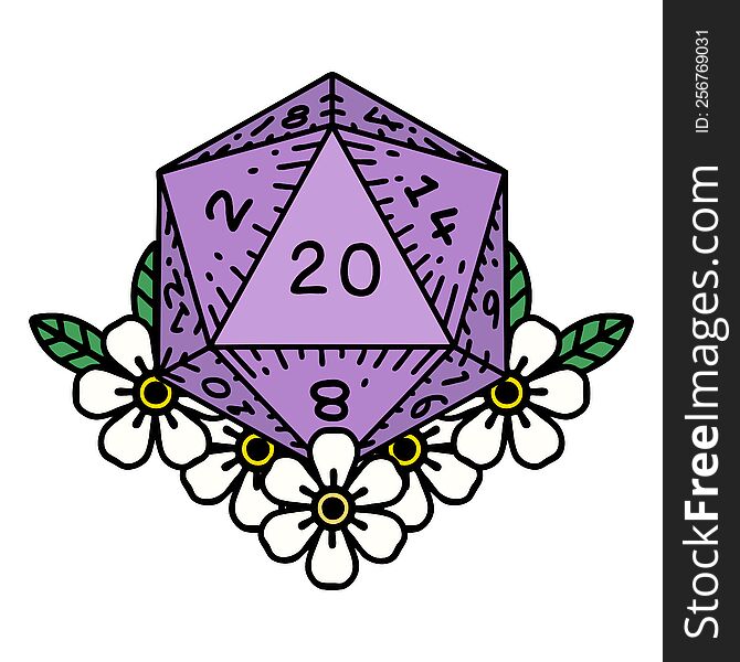 natural 20 D20 dice roll with floral elements illustration