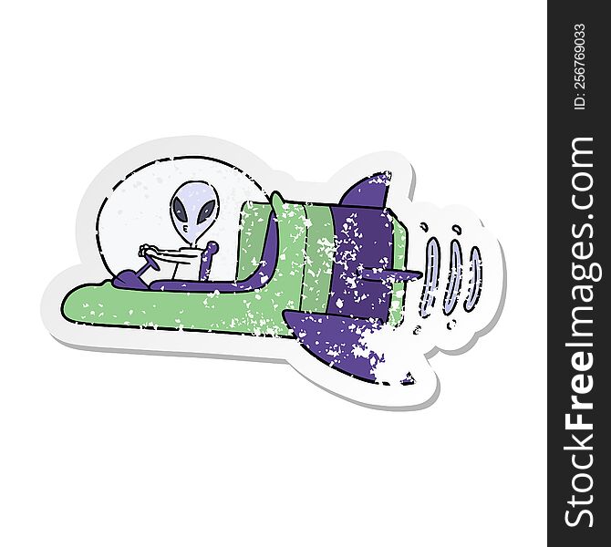distressed sticker of a cartoon alien spacecraft