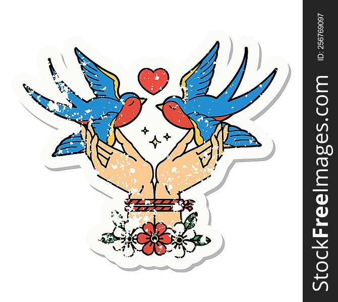 distressed sticker tattoo in traditional style of tied hands and swallows. distressed sticker tattoo in traditional style of tied hands and swallows