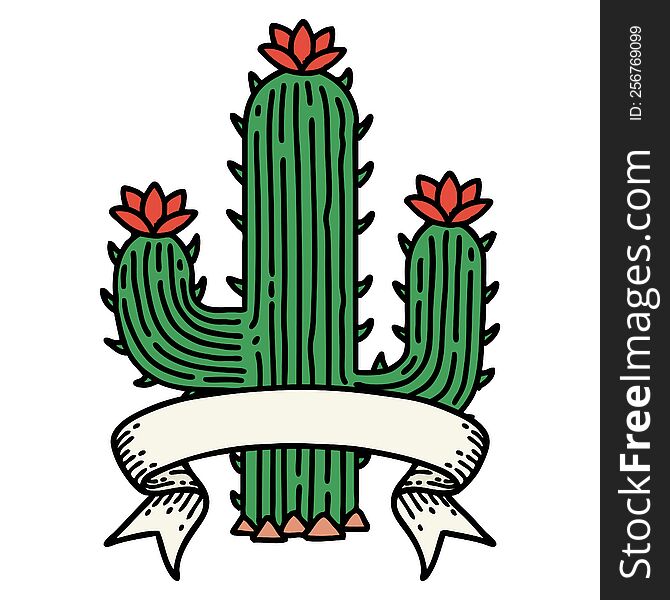 Tattoo With Banner Of A Cactus