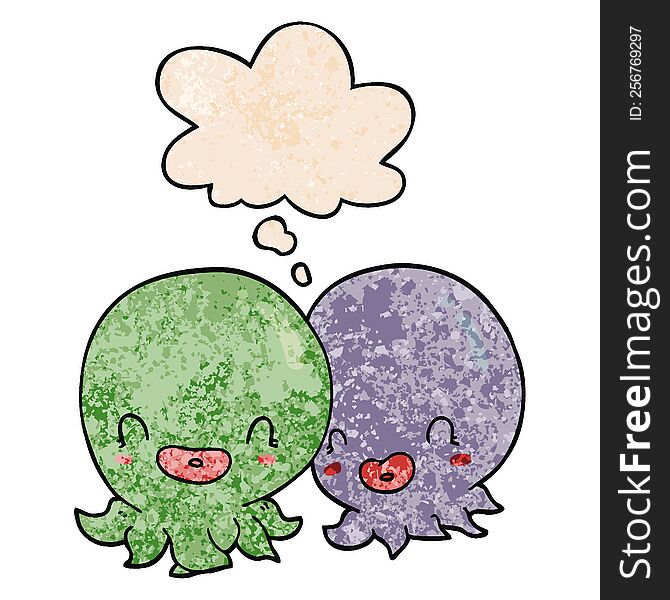 two cartoon octopi  with thought bubble in grunge texture style. two cartoon octopi  with thought bubble in grunge texture style