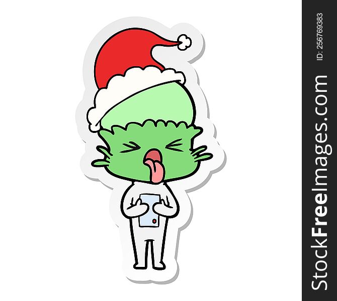 Disgusted Sticker Cartoon Of A Alien Wearing Santa Hat
