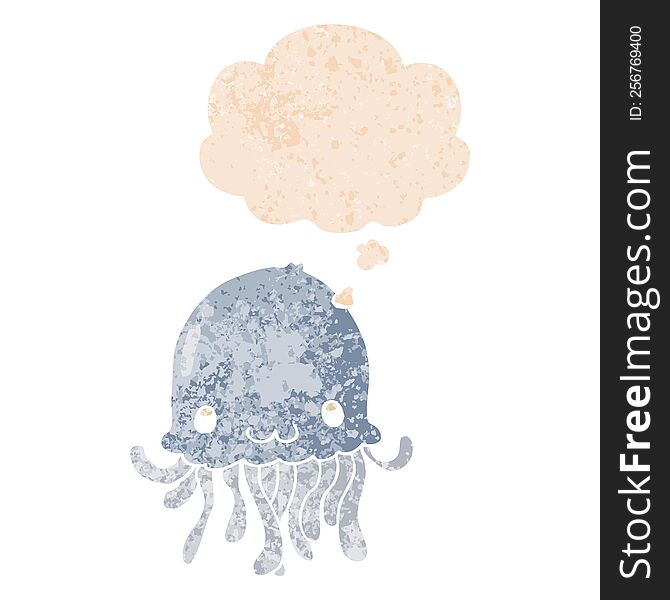 cartoon jellyfish with thought bubble in grunge distressed retro textured style. cartoon jellyfish with thought bubble in grunge distressed retro textured style