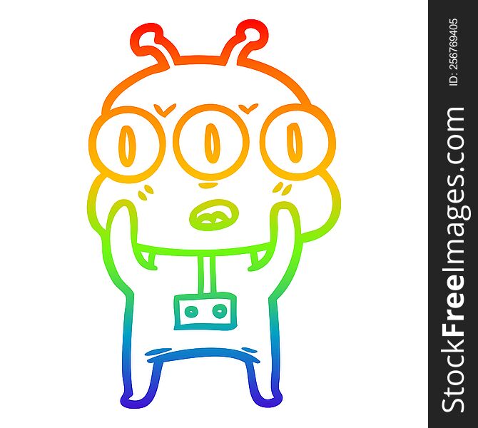 Rainbow Gradient Line Drawing Cartoon Three Eyed Alien