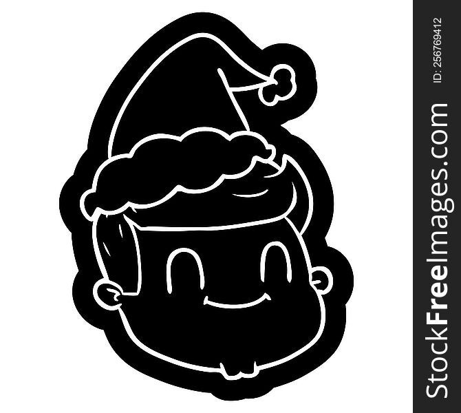 quirky cartoon icon of a male face wearing santa hat