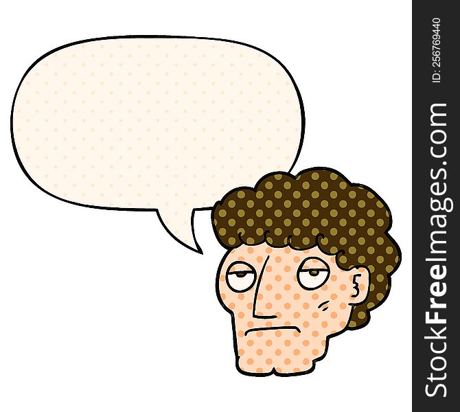 cartoon bored man with speech bubble in comic book style