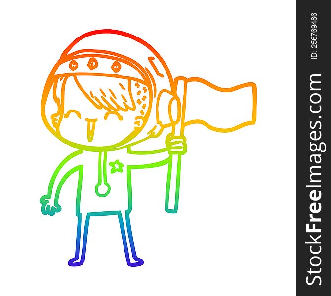 Rainbow Gradient Line Drawing Happy Cartoon Space Girl Holding Flag