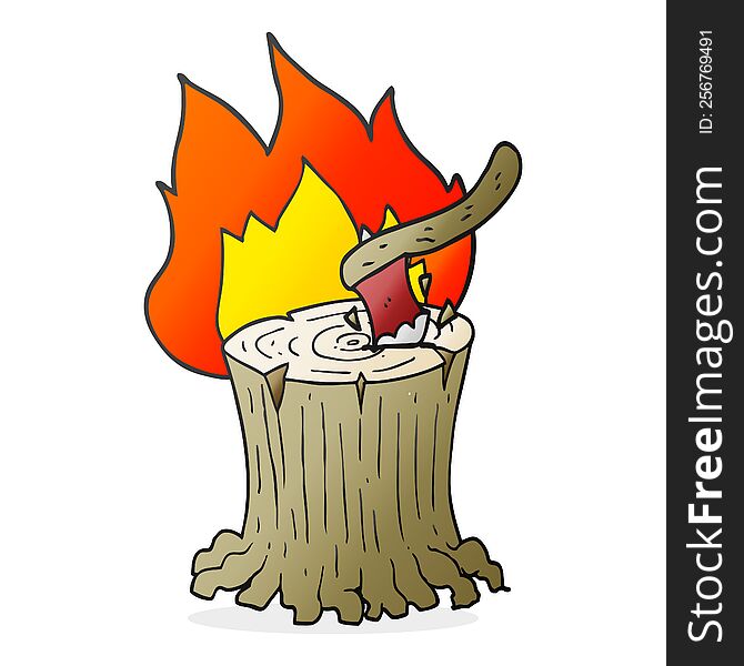 freehand drawn cartoon axe in a flaming tree stump. freehand drawn cartoon axe in a flaming tree stump