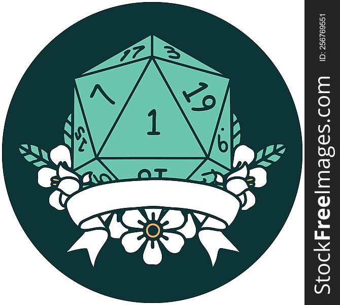 icon of natural one d20 dice roll. icon of natural one d20 dice roll