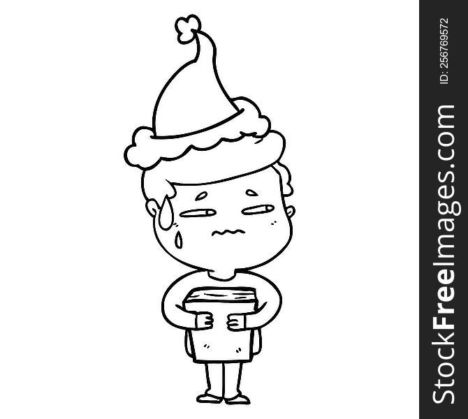 Line Drawing Of A Anxious Boy Carrying Book Wearing Santa Hat