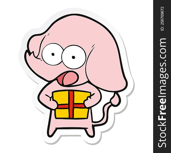 Sticker Of A Cute Cartoon Elephant With Christmas Present