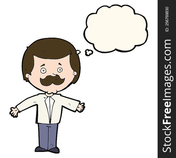 cartoon mustache man with open arms with thought bubble