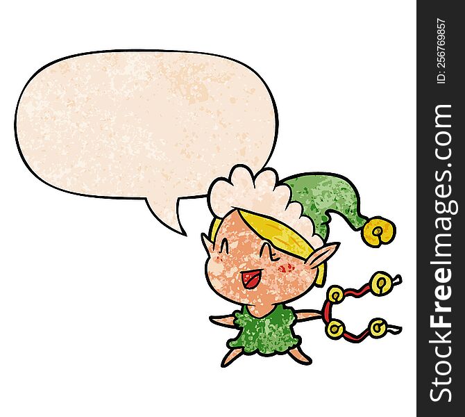 Cartoon Happy Christmas Elf And Speech Bubble In Retro Texture Style
