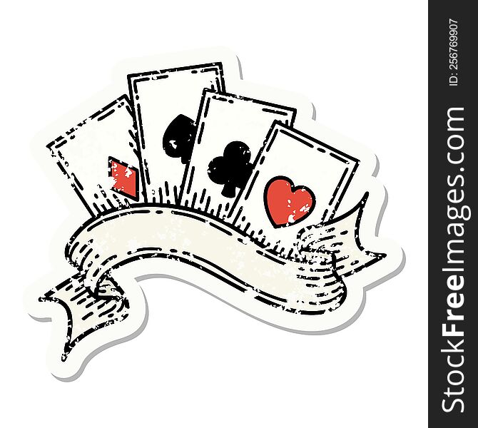 traditional distressed sticker tattoo of cards and banner