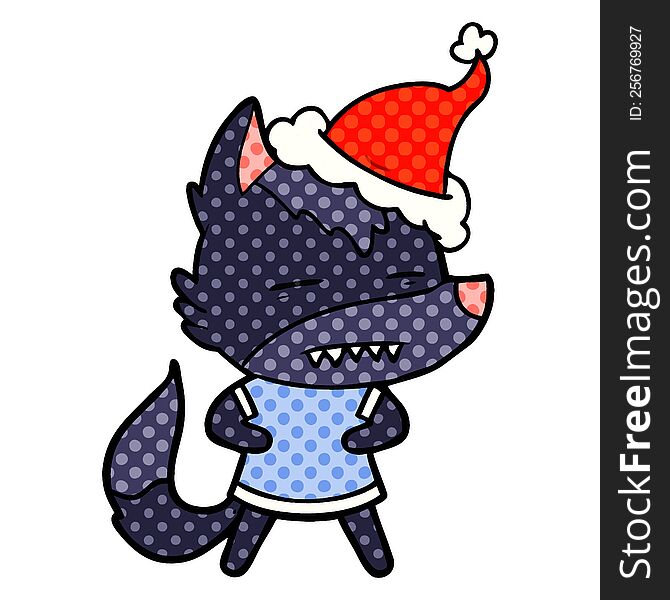 hand drawn comic book style illustration of a wolf showing teeth wearing santa hat