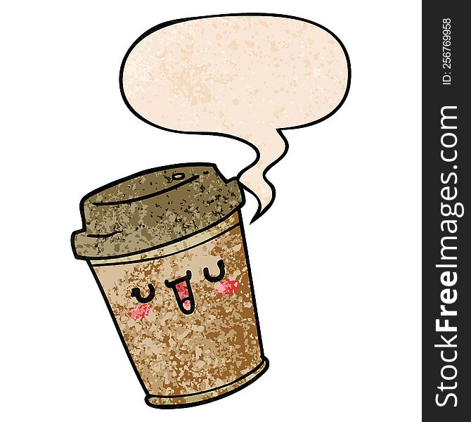 cartoon take out coffee with speech bubble in retro texture style