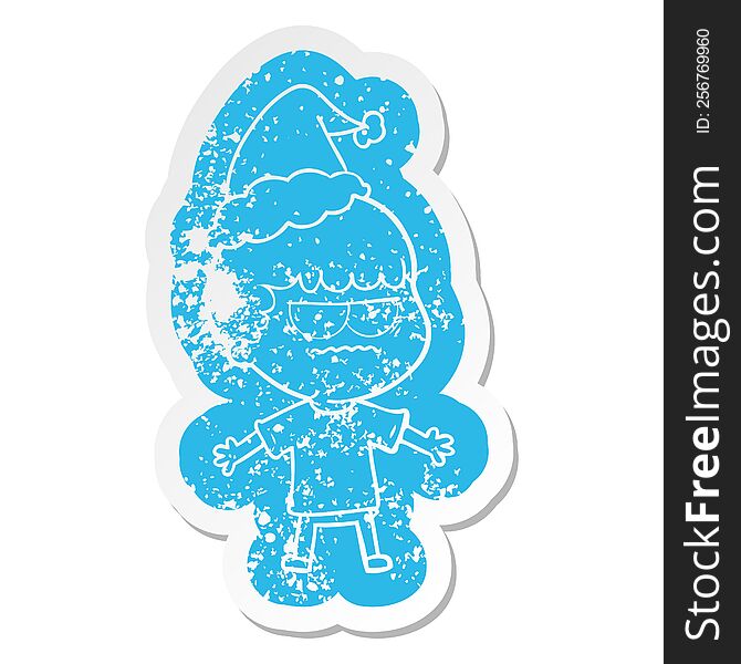 quirky cartoon distressed sticker of a angry man wearing santa hat