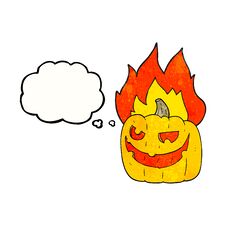 Thought Bubble Textured Cartoon Flaming Halloween Pumpkin Stock Images